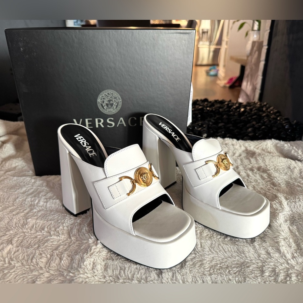 Versace Medusa White Leather Heeled Platform Mules